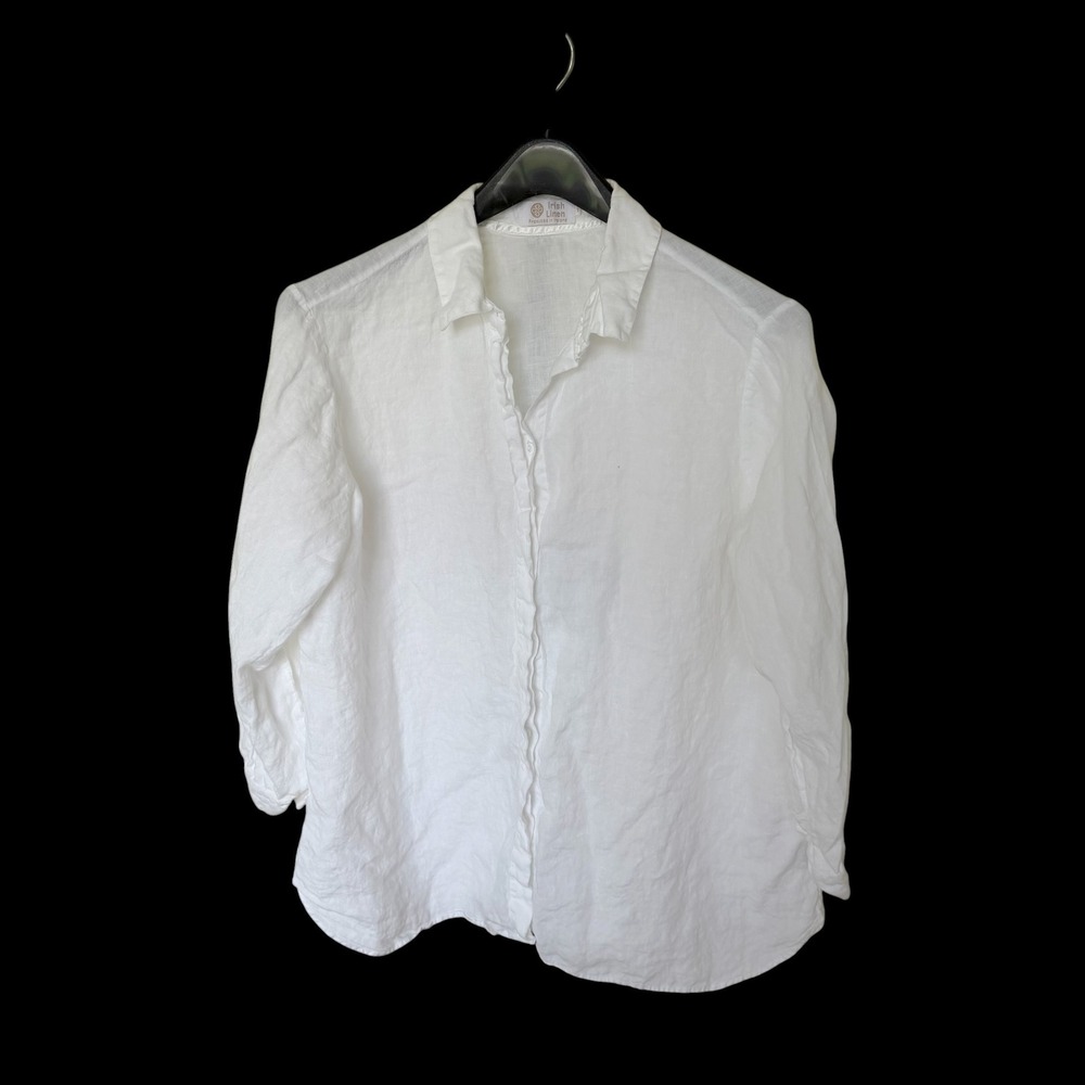 Irish Linen White Button Down Shirt Long Sleeve Collared Made in Ireland Large